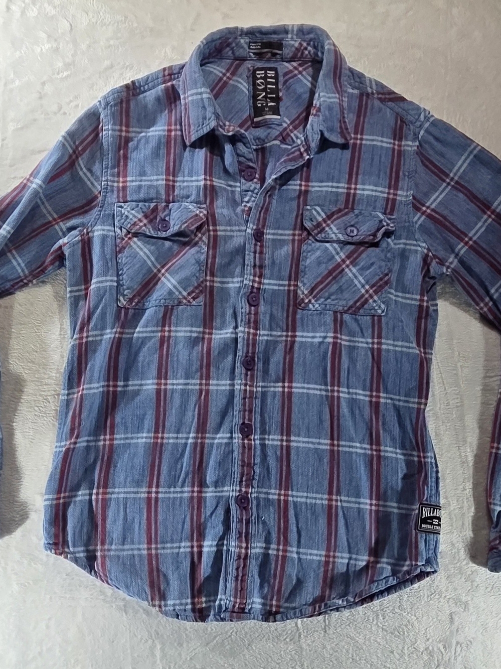 Billabong Men’s M Blue/Red/White Plaid Cotton Long Sleeve Button-Up - 0094